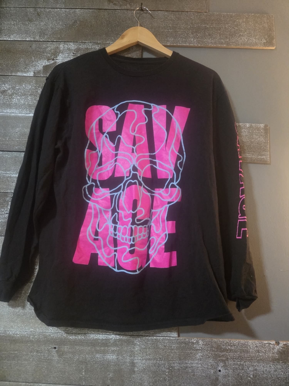 Black Long-Sleeve Graphic Tee with Pink Skull Print